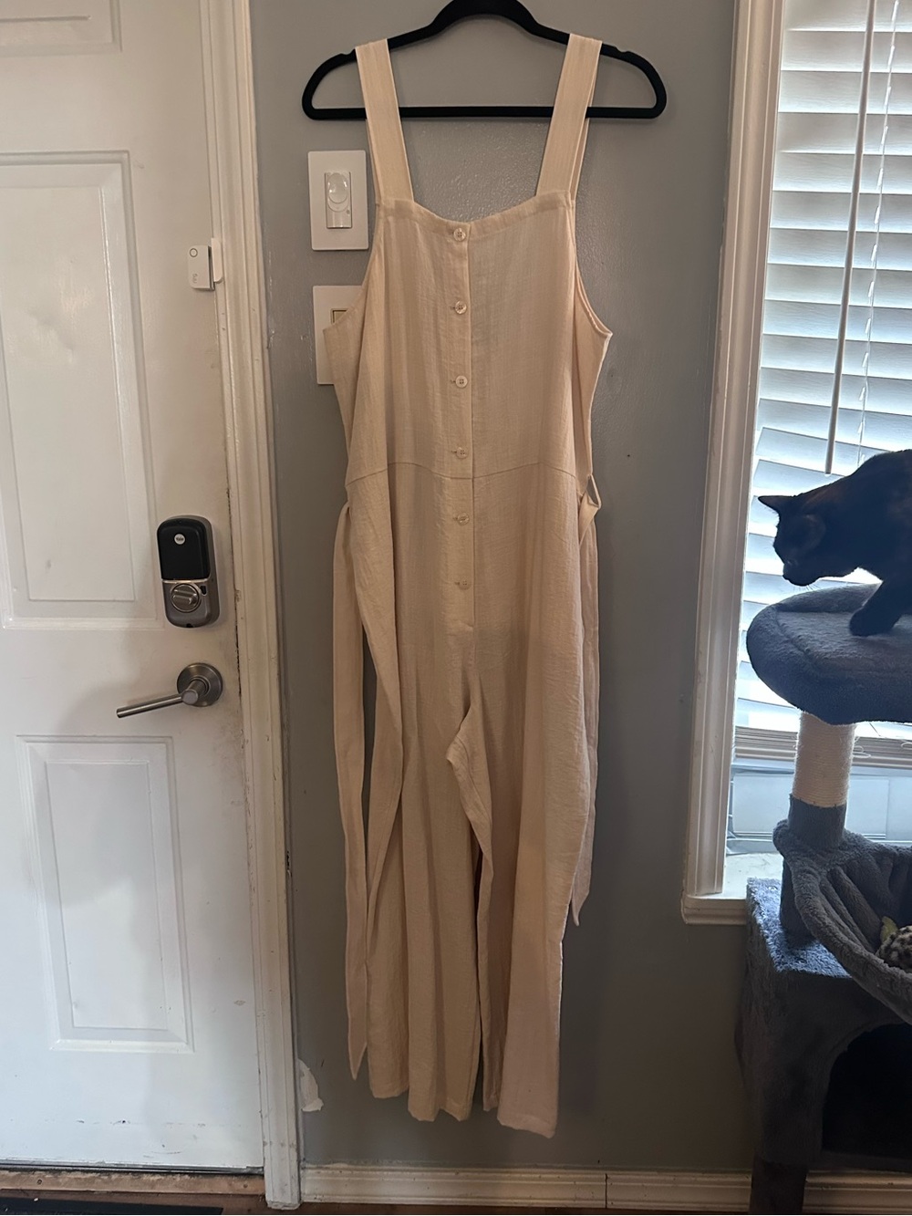 Monki Cream Button-Front Wide-Leg Jumpsuit